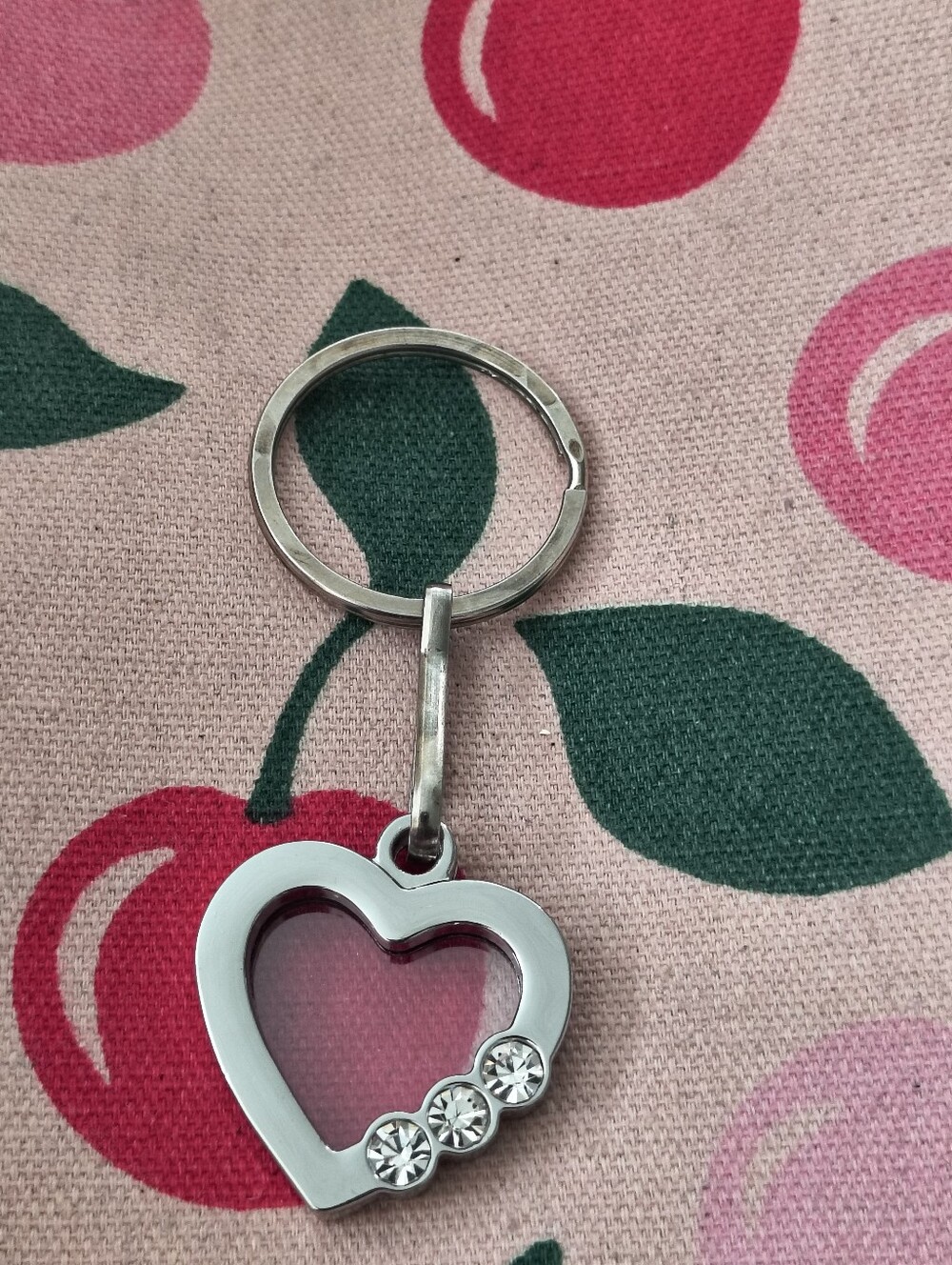 Silver Tone Photo Heart Keychain With Rhinestone Accents